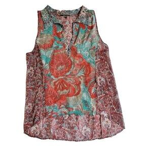 Brocade paisley v-neck collared sheer top sz M